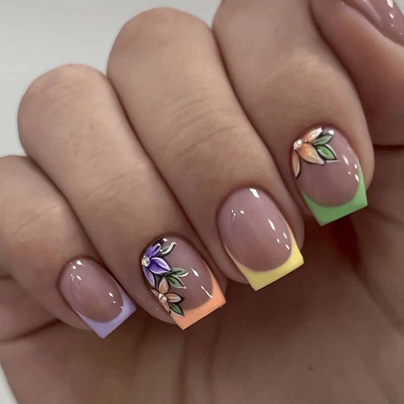 TEMU 24pcs Glossy Short Square False Nails Colored Press-on Nails With Floral Nail Art Stickers Daily Party Photos Holiday Parties Perfect Christmas Gifts For Family, And
