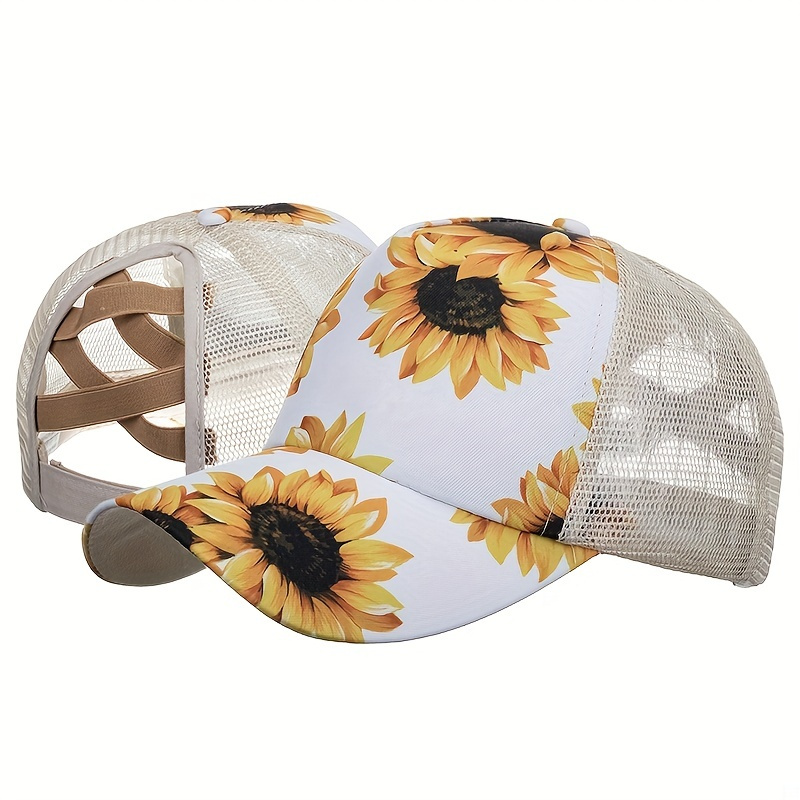 

Sunflower Print Ponytail Baseball Cap Mesh Breathable Adjustable Trucker Hats Lightweight Sunshade Golf Sports Dad Hats For Women