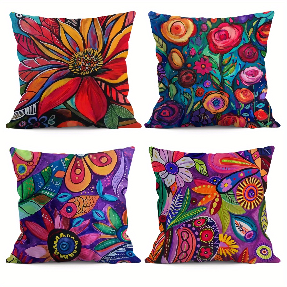 

Set Of 4 Throw Pillow Covers With Mexican-inspired Floral Design, Woven Polyester, Contemporary Style, Zipper Closure, Machine Washable For Home And Living Room Decor – 45x45cm