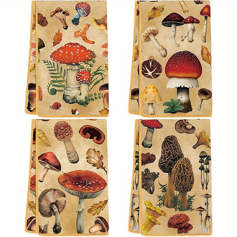 

4pcs Mushroom Kitchen Towel Set - Microfiber, 18x26 Inch, Decorative Dish & Hand Towels For Cooking, , Bathroom - Perfect Housewarming Gift