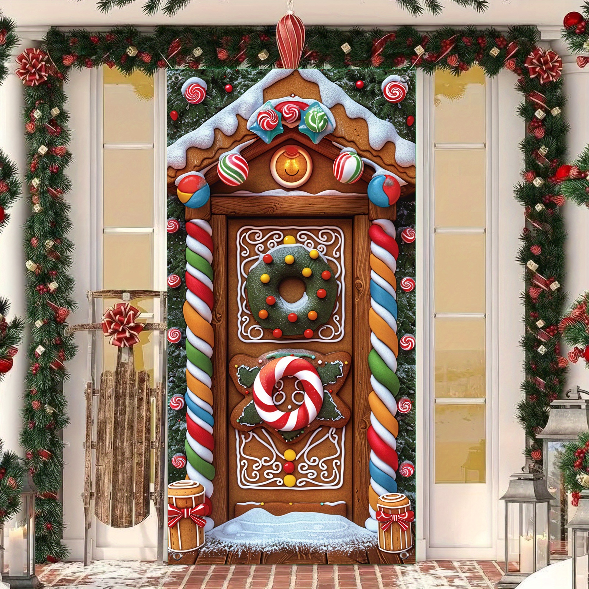 

Festive Christmas Gingerbread House Door Cover Banner - Polyester Hanging Decoration For Winter Party Supplies Indoors And Outdoors (35.4in X 70.8in)