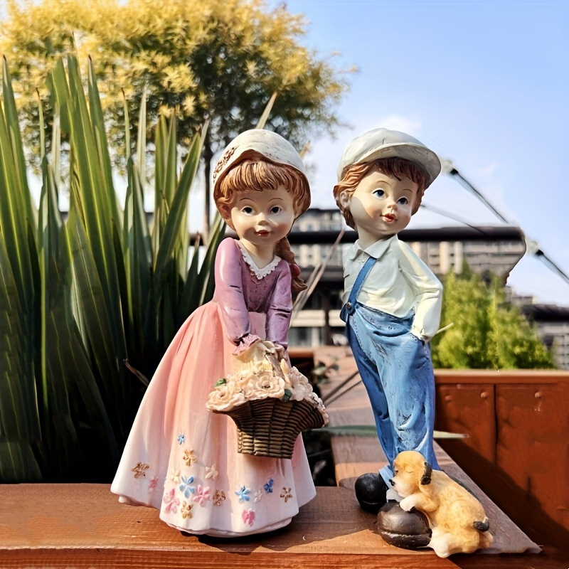 Image of 2pcs, Garden Decor, Courtyard Ornament, Green Garden Couple Series, Wedding Decoration Gift, Doll Figurine, Resin Craft