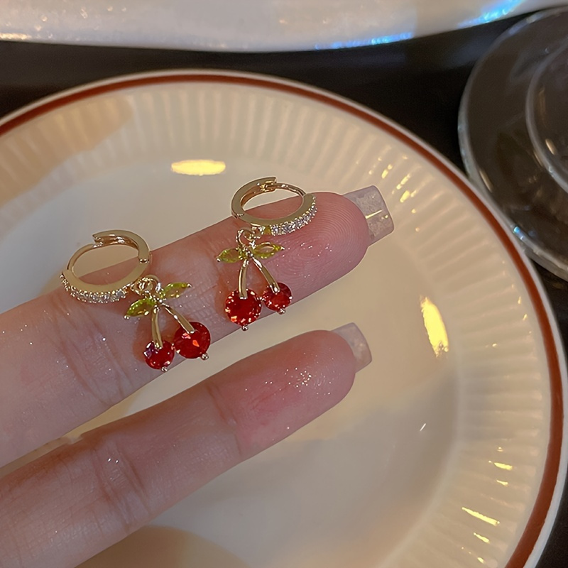 

Chic Cherry-shaped 18k Gold-plated Zirconia Dangle Earrings - & Parties, White/red