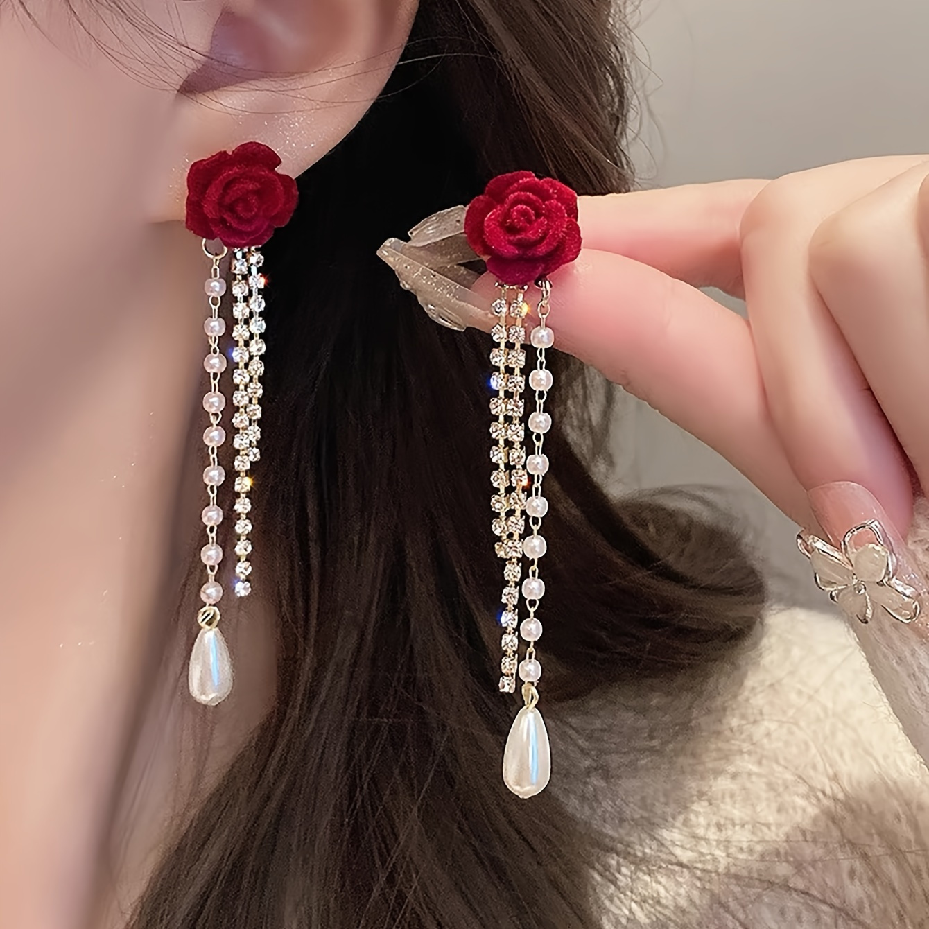 

1 Pair Of Red Rose 18k Gold-plated Zirconia Imitation Pearl Fringe Earrings, High Earrings - An Elegant Wedding Accessory