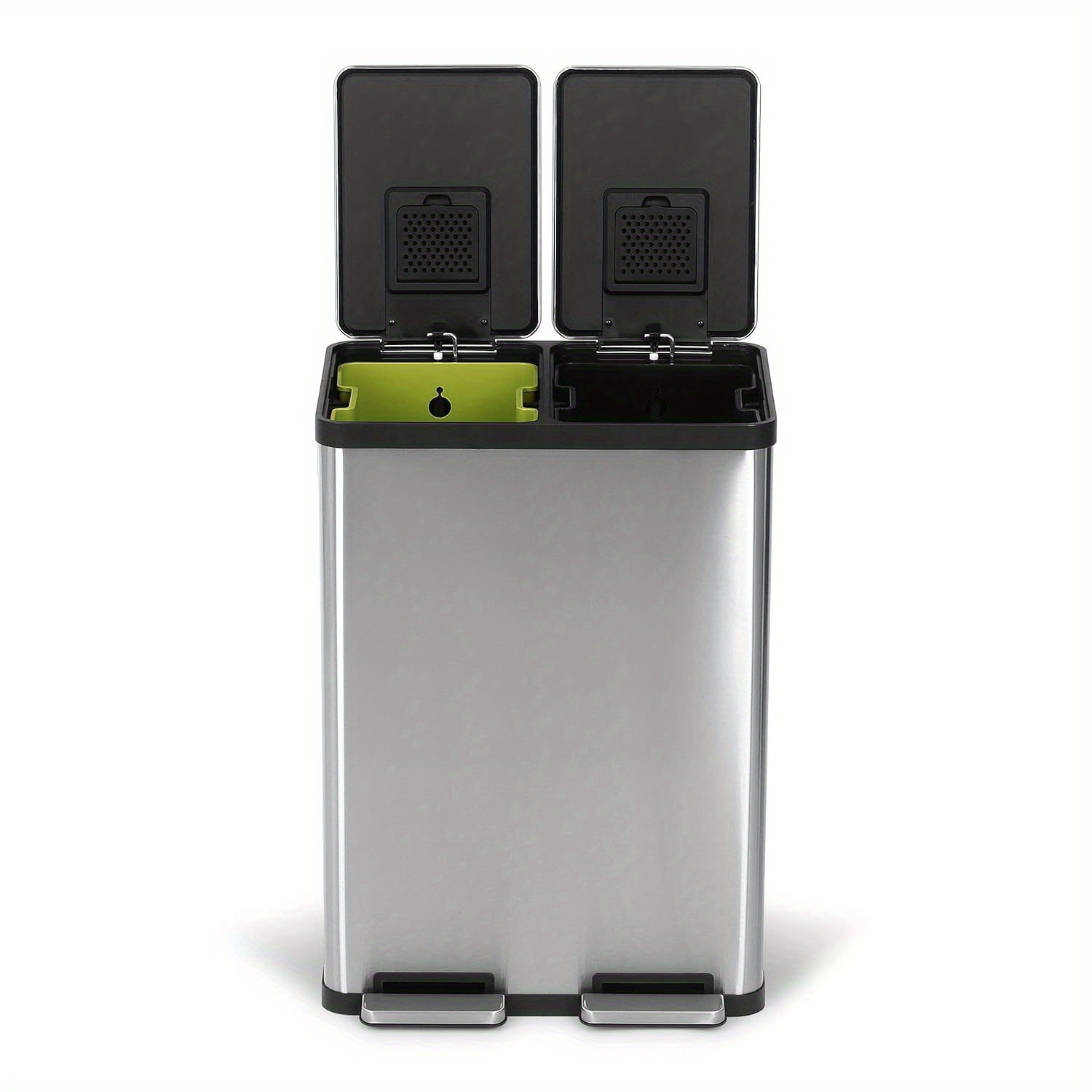 TEMU 60 Liter/ 16 Gallon Rectangular Dual Compartment Recycling Kitchen Step Trash Can With Lid, Brushed Stainless Steel