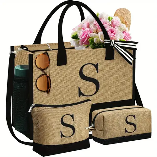 3pcs embroidery craft jute tote bag for womens gift initial jute handbag and 2 makeup bags letter gift best friend birthday gift for women