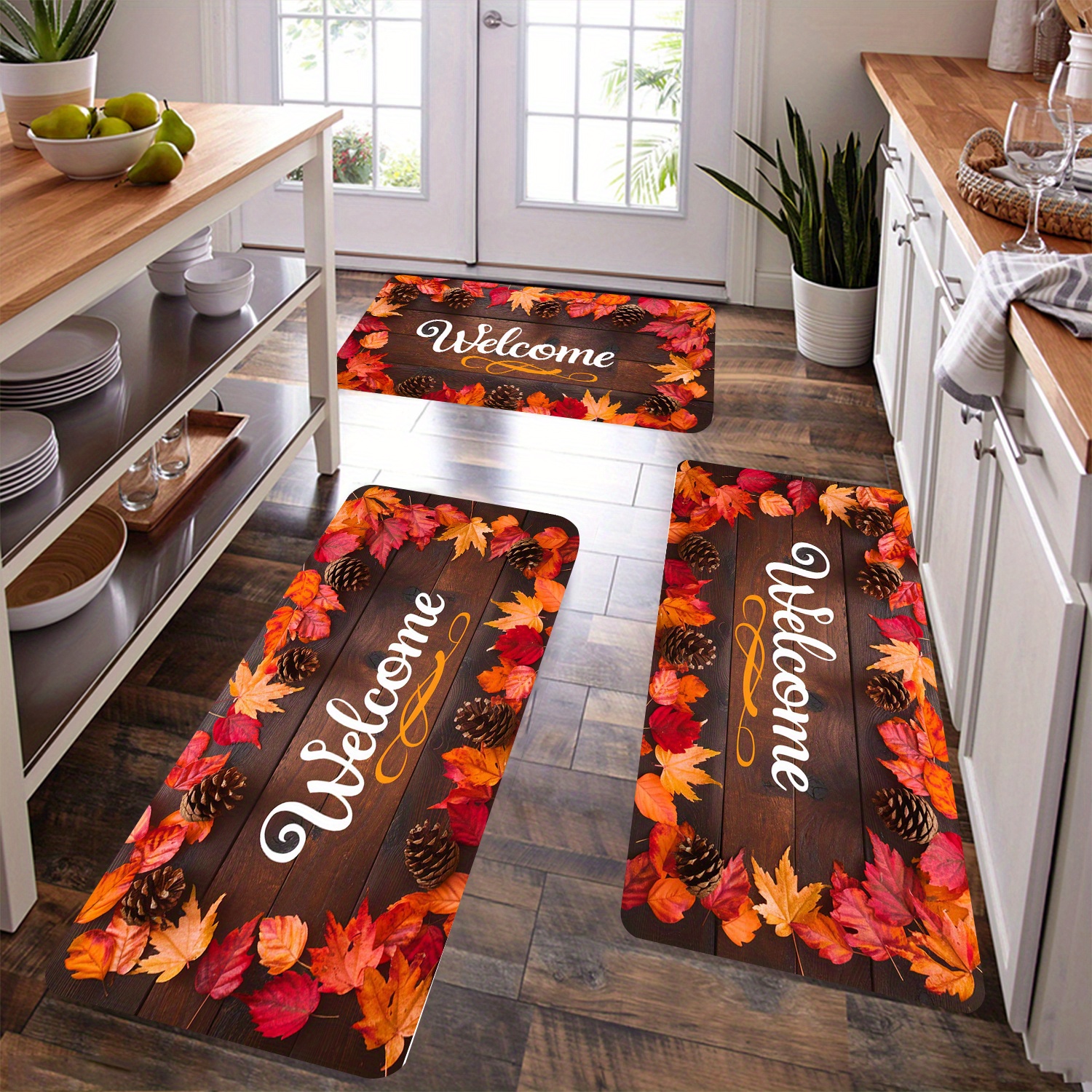 

Autumn-themed 3-piece Area Rug Set - Welcome Design Non-slip Absorbent Kitchen Mats, Indoor Polyester Flannel Entryway Carpets For Living Room, Bedroom, Machine Washable - Under 1.8m, Under 2.16m²