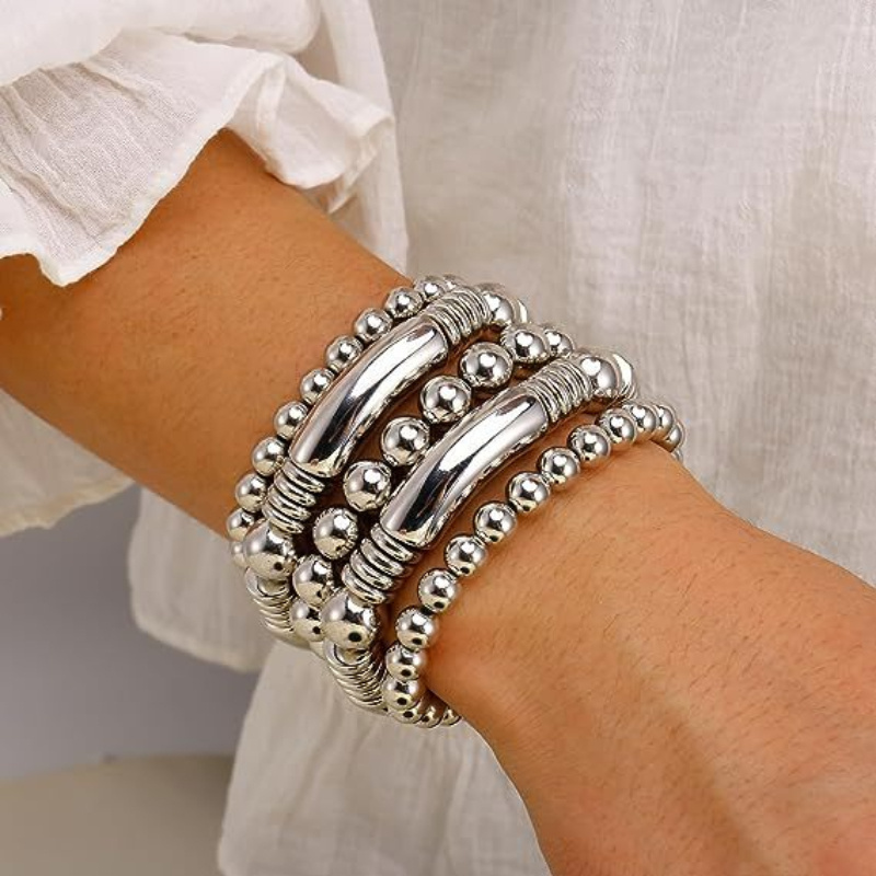 

5 Pieces/ Set Metal Bead Decorative Bracelet Simple Punk Style Fashion Women's Bracelet With Gift Box