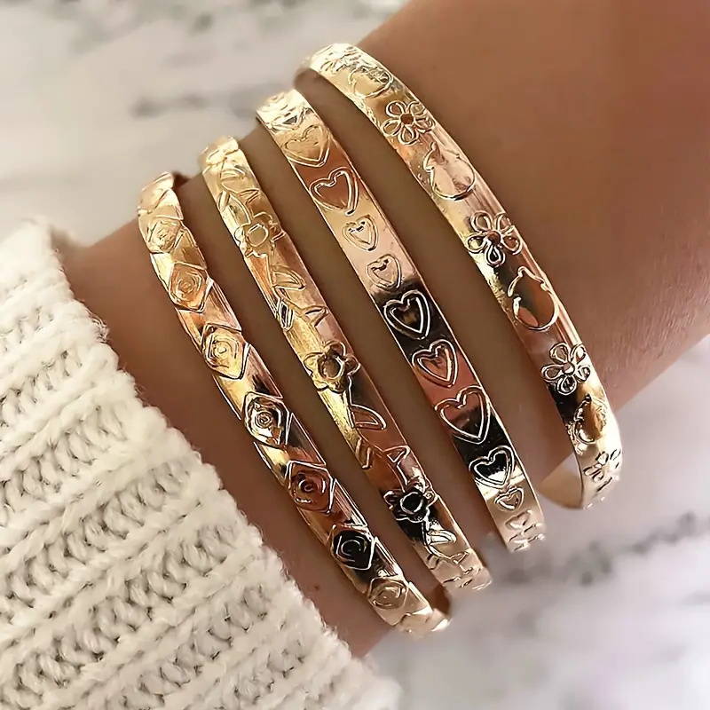 

4-pcs Exquisite Bracelet, Carved And Other Patterns, Heart-shaped And Floral Retro Bohemian Style Bracelet Set Of 4 Pieces Suitable For Giving Beautiful Women Perfect Small Gifts