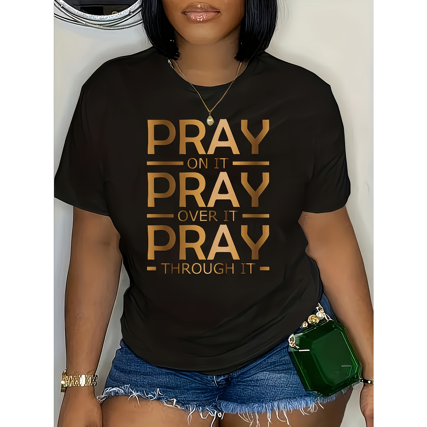 

Pray On It Letter Print T-shirt Short Sleeve Women Crew Neck Casual Top For All Season