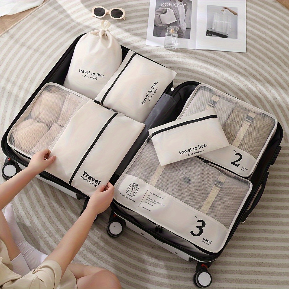 

7pcs Travel Packing Cube Set - Lightweight, Durable Polyester Organizers For Luggage With Shoe & Underwear Bags