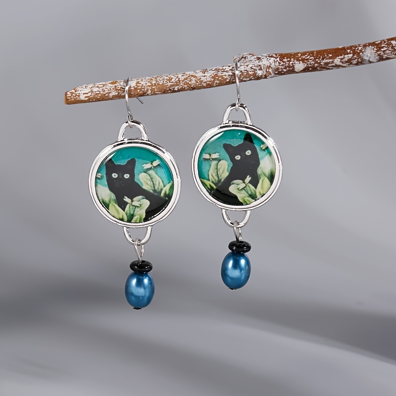 TEMU Trendy Drop Earrings Featuring A Cat Design In Bohemian Style, With Synthetic Gemstones - A Stylish Costume Piece