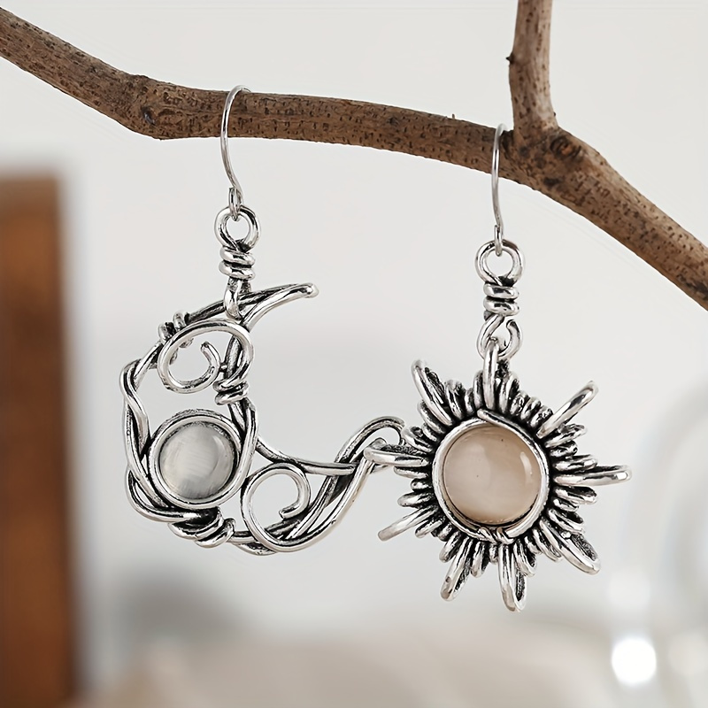 TEMU Bohemian Sun And Moon Earrings - Silvery Earrings For Women - Fashionable Boho Jewelry Gift