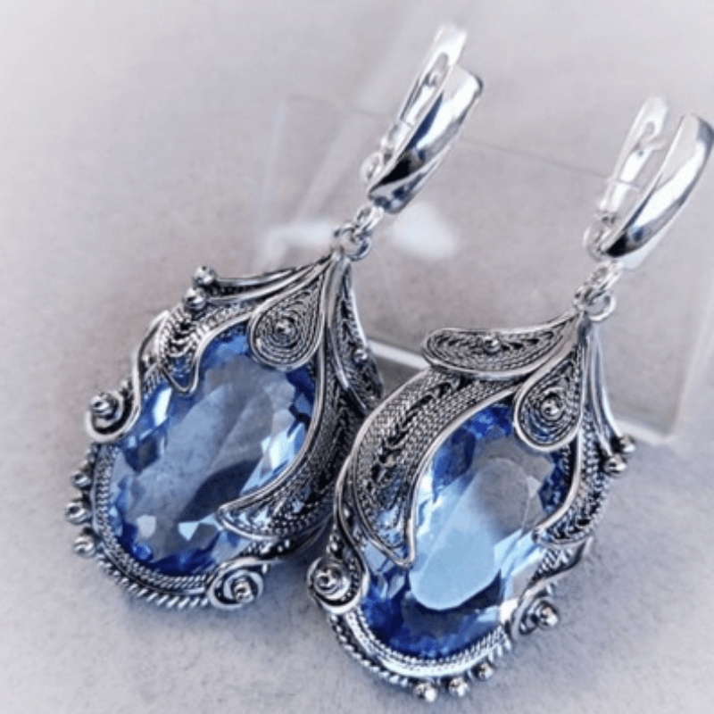 

2pcs Fashion Feather Geometry Imitation Sapphire Elegant Luxury Copper Natural Stone Silvery Earrings For Women Gift Party Daily