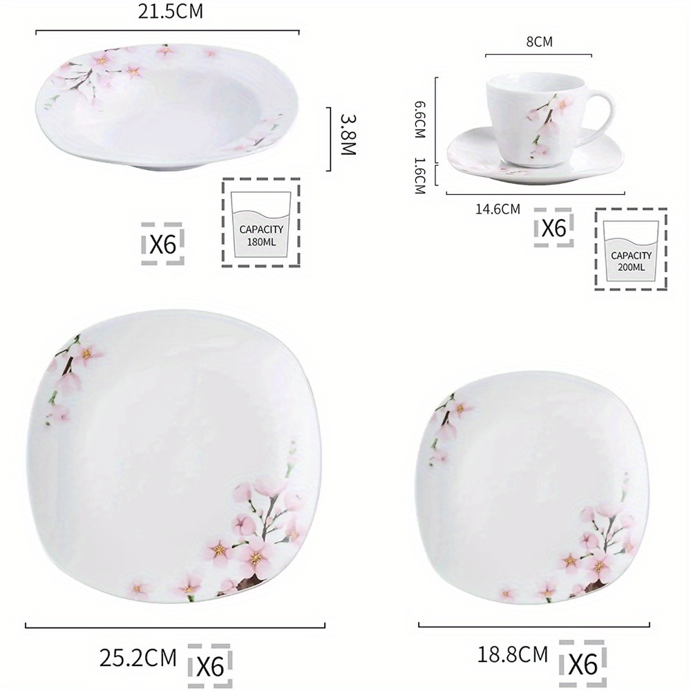 30pcs White Ceramic Pink Floral Porcelain Plate Set With Dinner Soup Dessert Plate, Coffee Cups And Saucer For 6