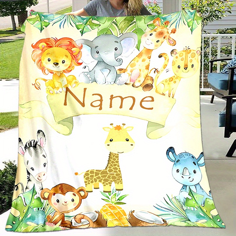 

1pc Customized Name Personalized Flannel Blanket - Cute Jungle Animals, Chunky Knit, Machine Washable, Uncharged - Ideal For Travel, Camping, Sofa & Home Decor