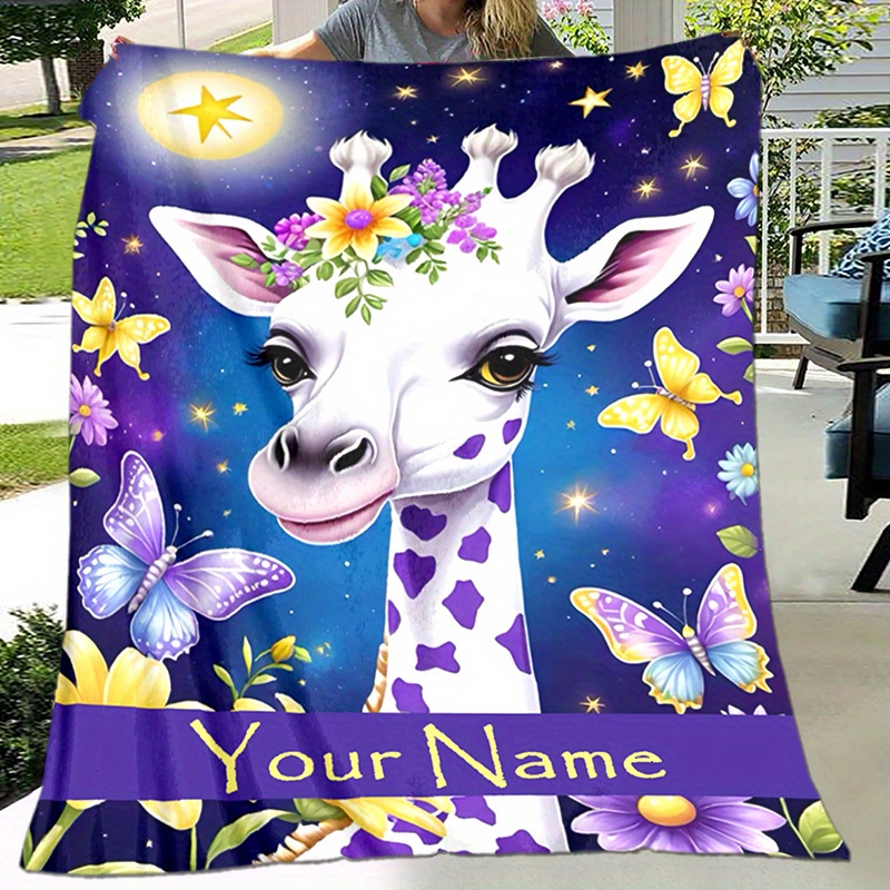 

Customizable Name Flannel Blanket - Giraffe And Butterflies Design, All-season Soft Chunky Knit Throw For Sofa, Travel, And Home Decor - Machine Washable Personalized Gift