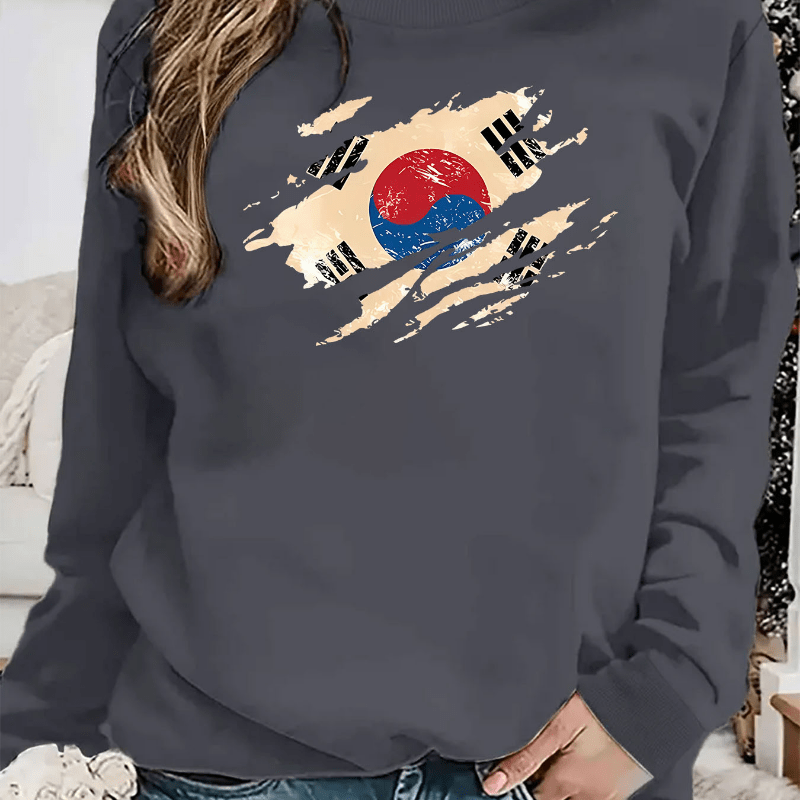 

Sweatshirt décontracté pour femme au col rond avec impression du drapeau sud-coréen - Tissu tricoté en polyester 100% - Pull à manches longues pour toutes les saisons avec légère élasticité