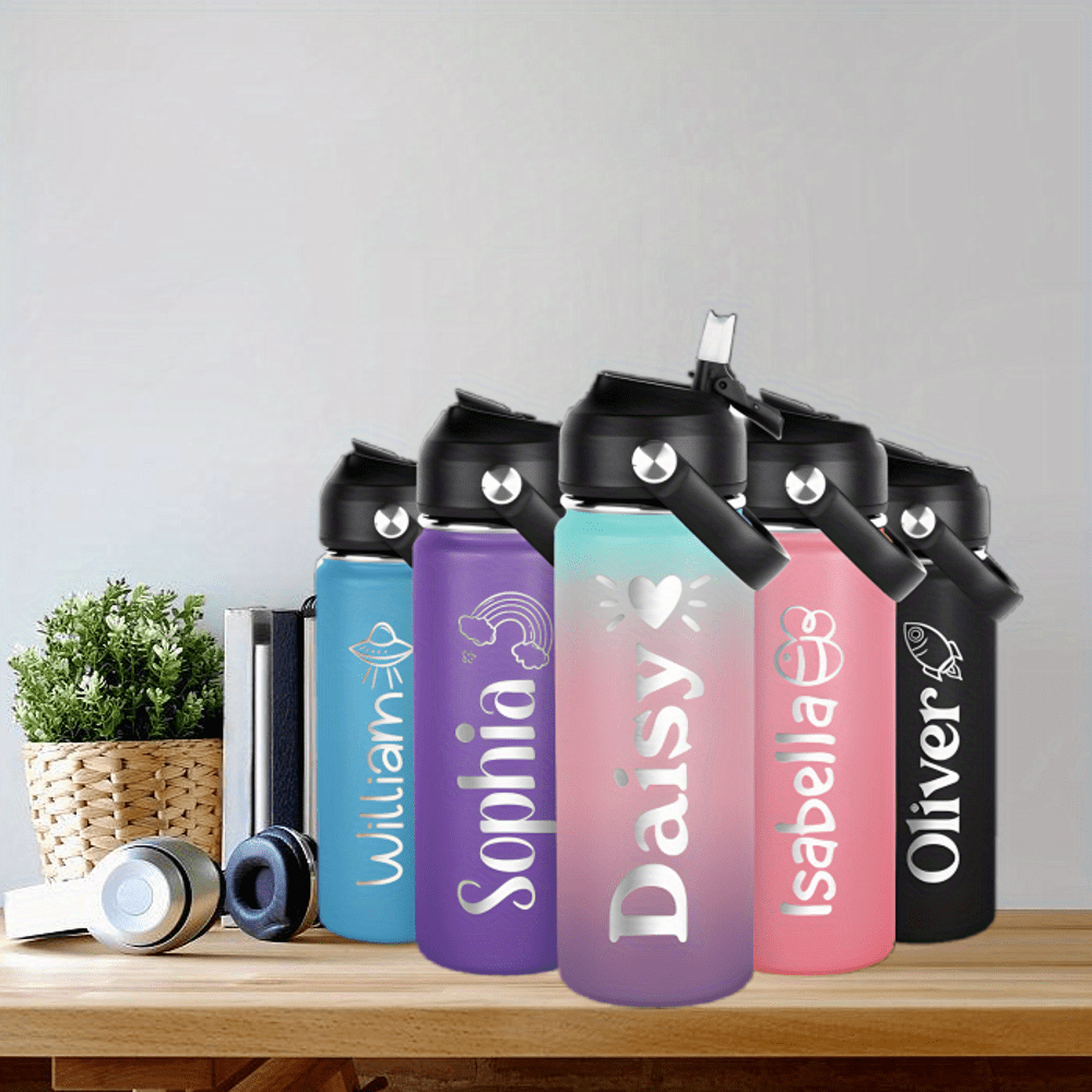 

Personalized Stainless Steel Water Bottle With Straw Lid For Kids - Custom Name Engraving, 18oz Insulated, Leakproof, Ideal For 6-12 - Multiple