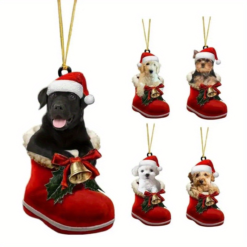 

5pcs Acrylic Dog Christmas Tree Ornaments - Santa Pup Boot Hanging Pendants, Festive Holiday Decorations For Home & Christmas Tree, No Power Required