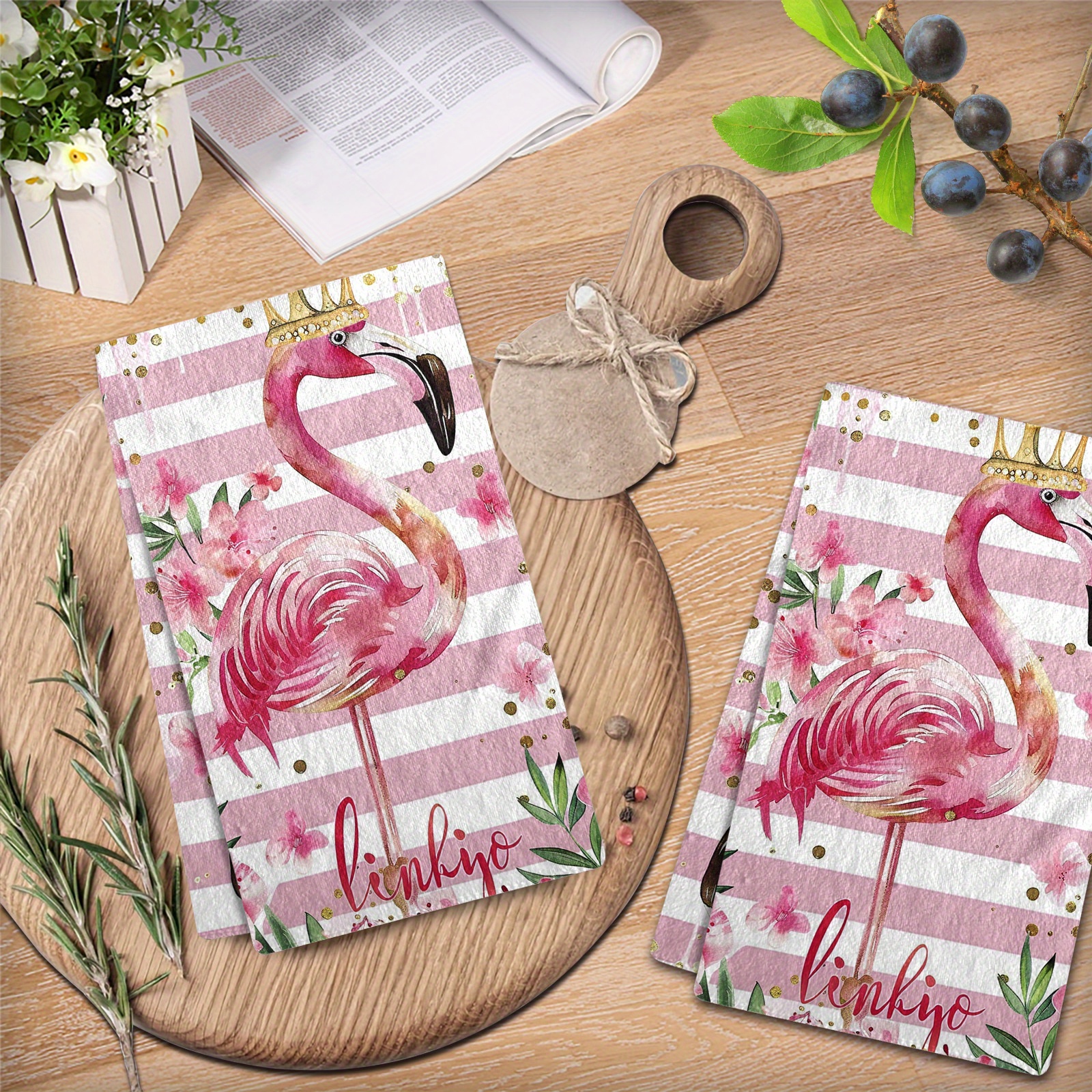 TEMU 2pcs Flamingo Kitchen Towels - Ultra Absorbent Microfiber, Machine Washable, Cooking & Baking, Modern Cartoon Design