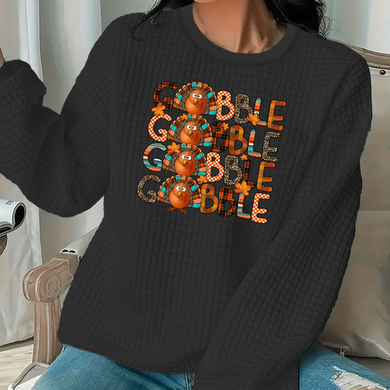 

Thanksgiving Letters And Turkey Autumn And Winter Large Size Women's Printed Casual Waffle Pattern Round Neck Hoodie