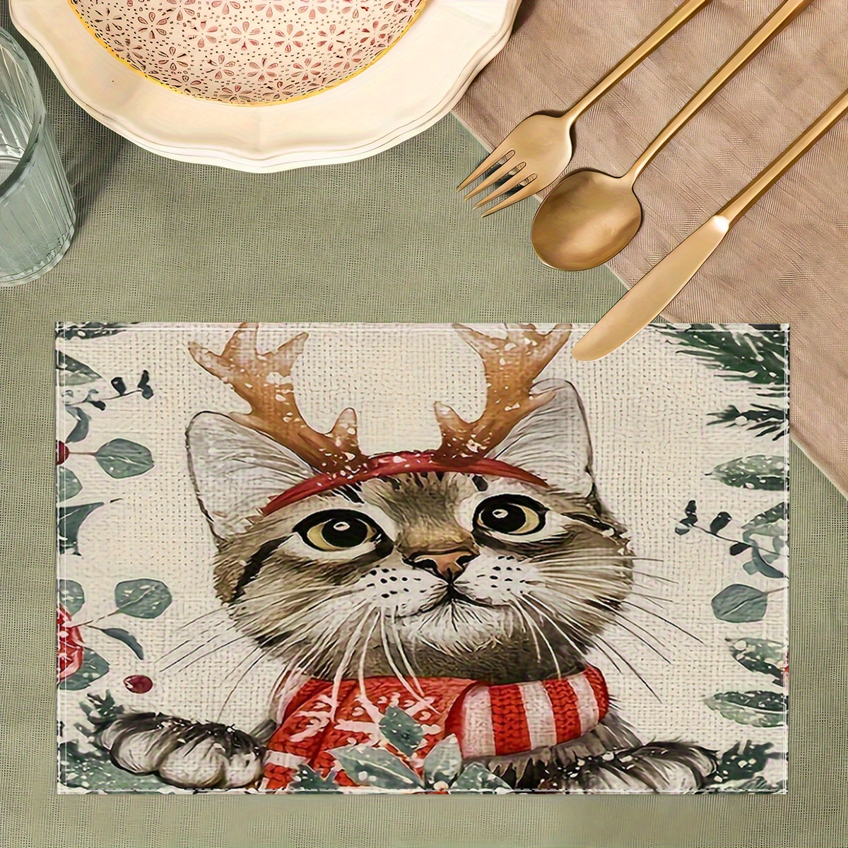 

4pcs Christmas Kitty Placemats Set - Waterproof, Non-slip & Heat-resistant Table Mats For Holiday Dining & Decor