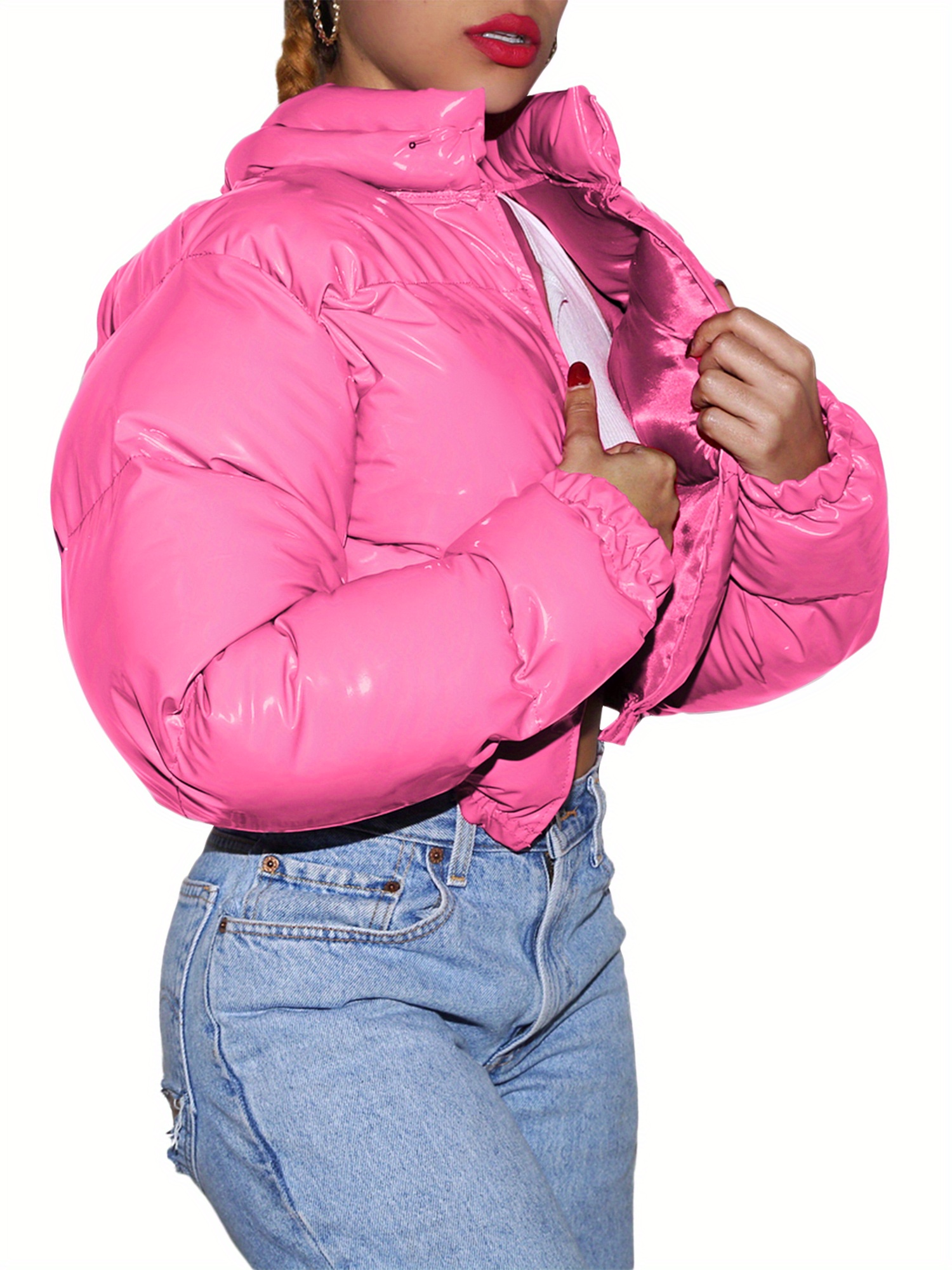 womens metallic orange quilted puffer jacket long sleeve Temu - Main Image