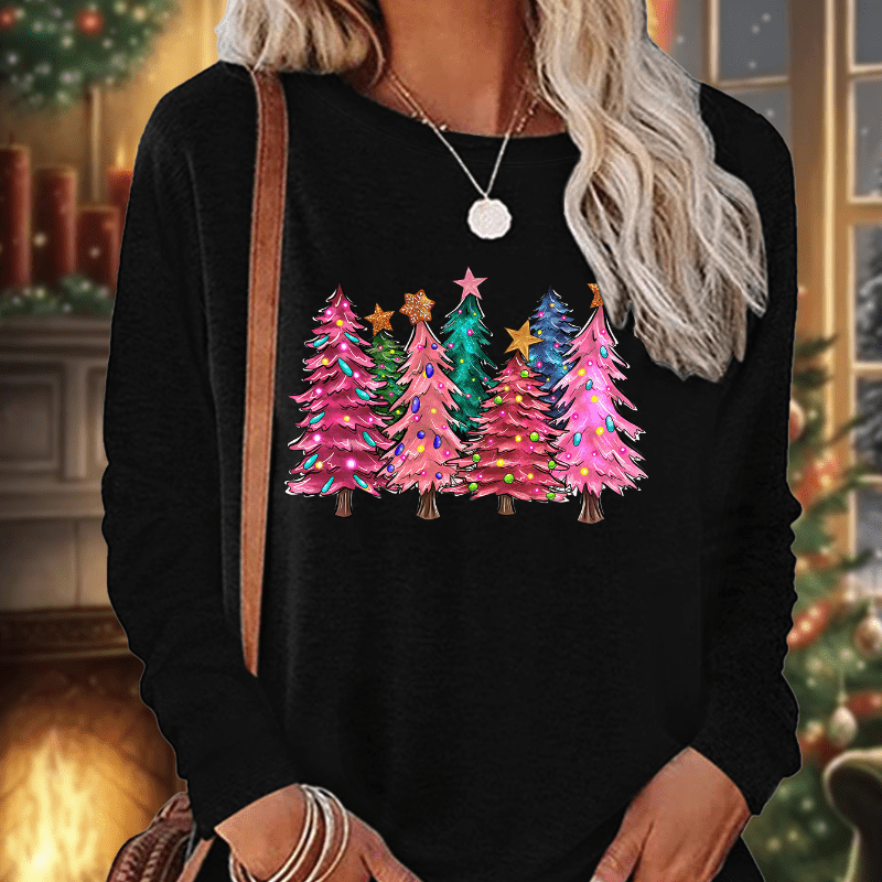 

Tree Print T-shirt, Long Sleeve Crew Neck Casual Top For Spring & Fall, Women's Clothing