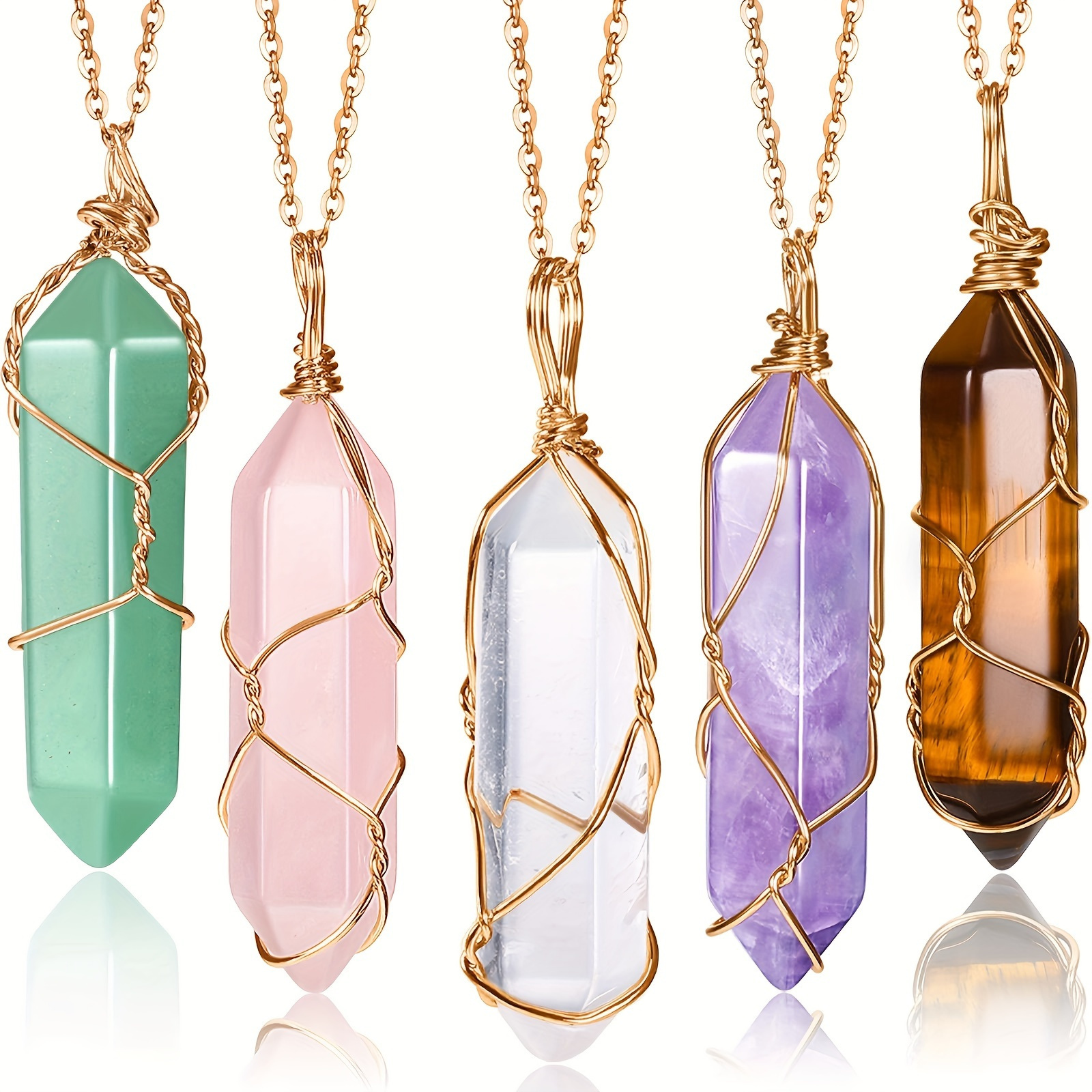 

5 Pcs Natural Stone Crystal Necklace Set With Adjustable Chain, Featuring Rose Quartz, Amethyst, , Green , And Tiger Eye For Chakra , Spiritual Jewelry, And