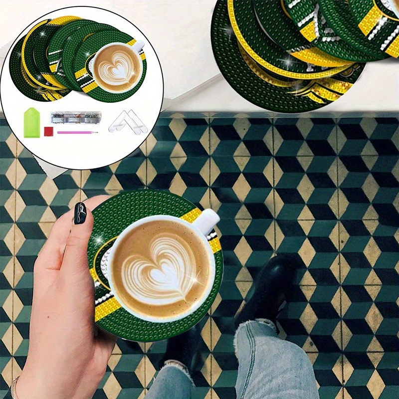 

6 Pcs Diamond Paintings Coasters Kits With Holder, Diy Football Diamond Art Coasters For Adults, Diamond Dot Kits For Green Gifts