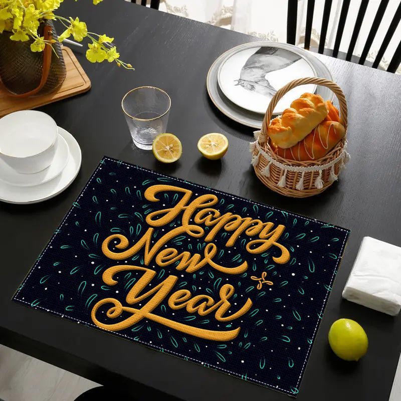 

2pcs/4pcs/6pcs Linen Placemats, Hand Washable Rectangular Table Mats With Happy New Year Abstract Print, Heat-resistant Dining Pads For Kitchen Decor, Woven Festive Party Mats