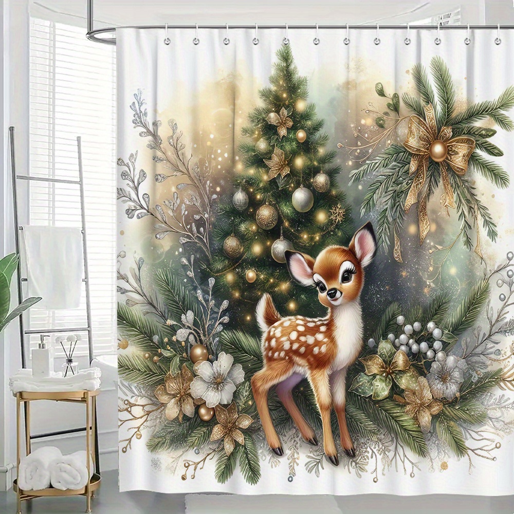 

Festive Deer And Christmas Tree Shower Curtain, Woven Polyester Waterproof Bath Accessory With Multiple Components, Non-transparent Draped Washroom Partition, Line Dry - Includes 12 Hooks