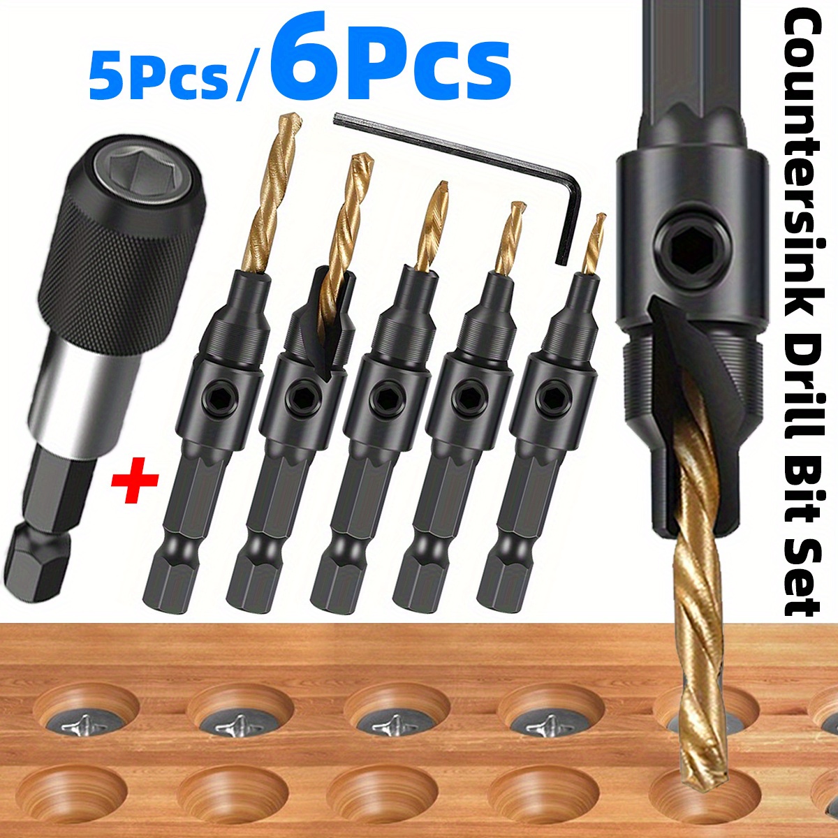 

5/6pcs Woodworking Countersink Drill Bit Set(#5 #6 #8 #10 #12)+60mm Rod & Extension, 1/4" Hex Shank For Diy Woodworking With 1 L-wrench