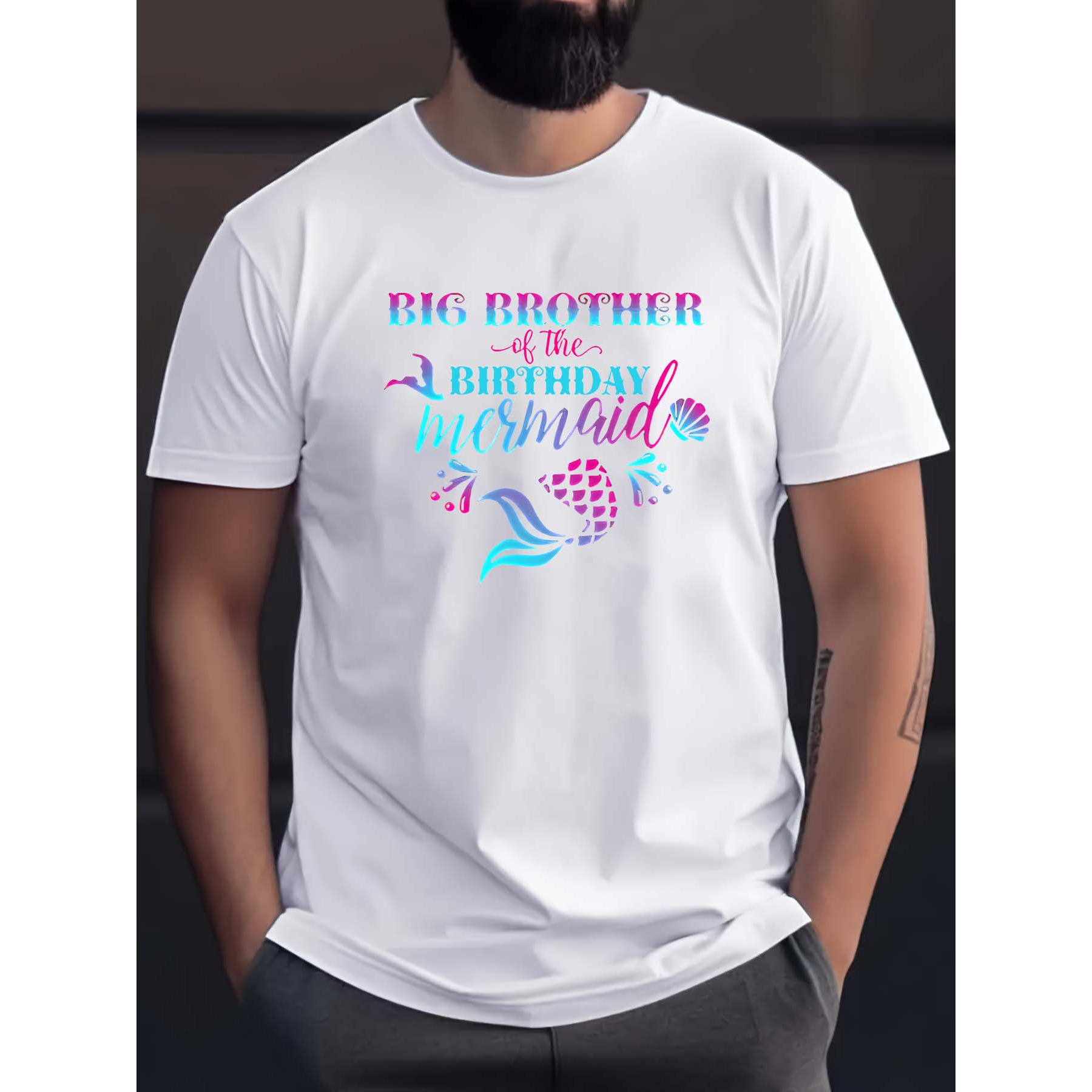 

Big Brother Of The Birthday Mermaid Graphic T-shirt - Men's Casual Polyester Knit Crew Neck Top With Slight Stretch And Alphabet Pattern Detail