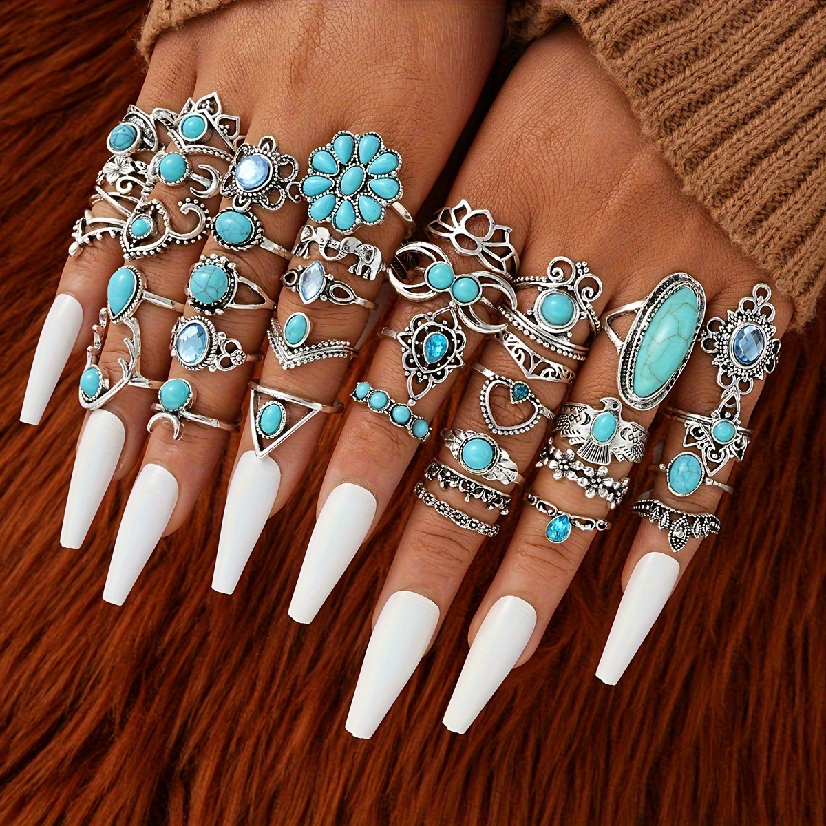 TEMU 44 Pcs Retro Adjustable Open Rings - Classic Turquoise And Rhinestone Jewelry Set For Women - Floral & Bird Pattern, Perfect For Parties, Daily Wear, And Gifts (box Not Included)