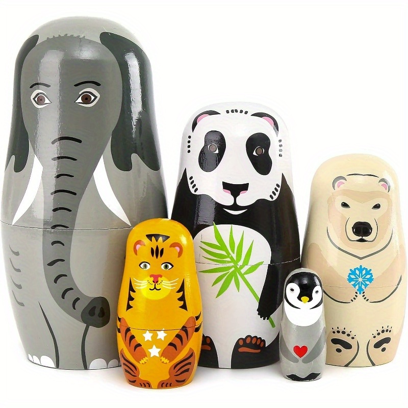 Image of 5pcs Handmade Wooden Russian Nesting Dolls - Elephant & Panda Stacking, Traditional Collectible Cultural Gift For & S (handmade Wood)