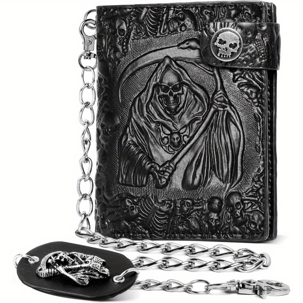 

Faux Leather Skull Wallet With Chain - Gothic Punk Bifold Casual Accessory With Anti-theft And