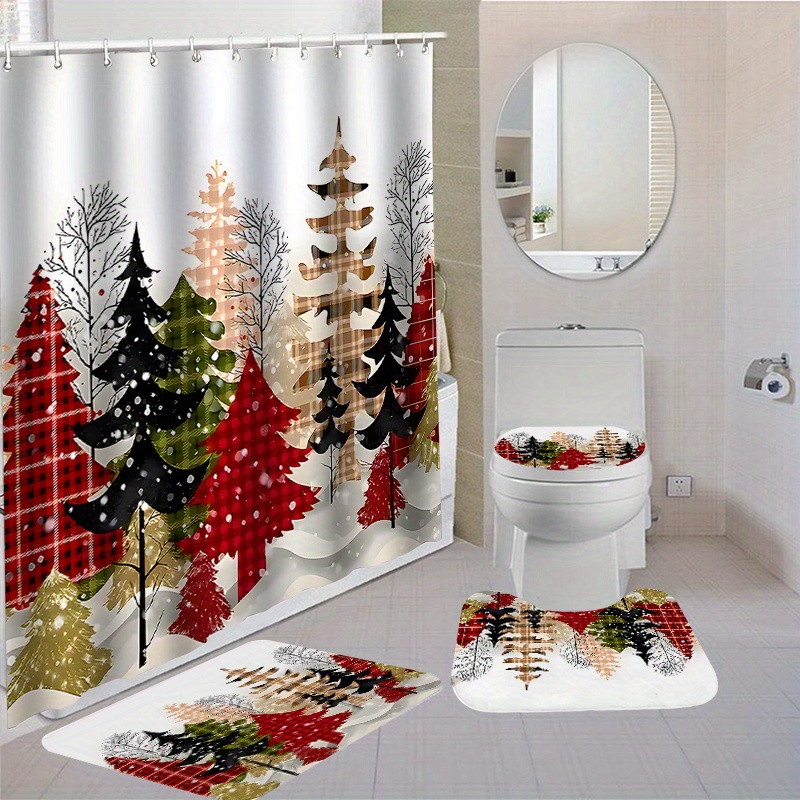 

Christmas Tree Shower Curtain Set With Non-slip Bath Mats, Toilet Cover, And 12 Hooks - Woven Polyester Waterproof Bathroom Decor, Only