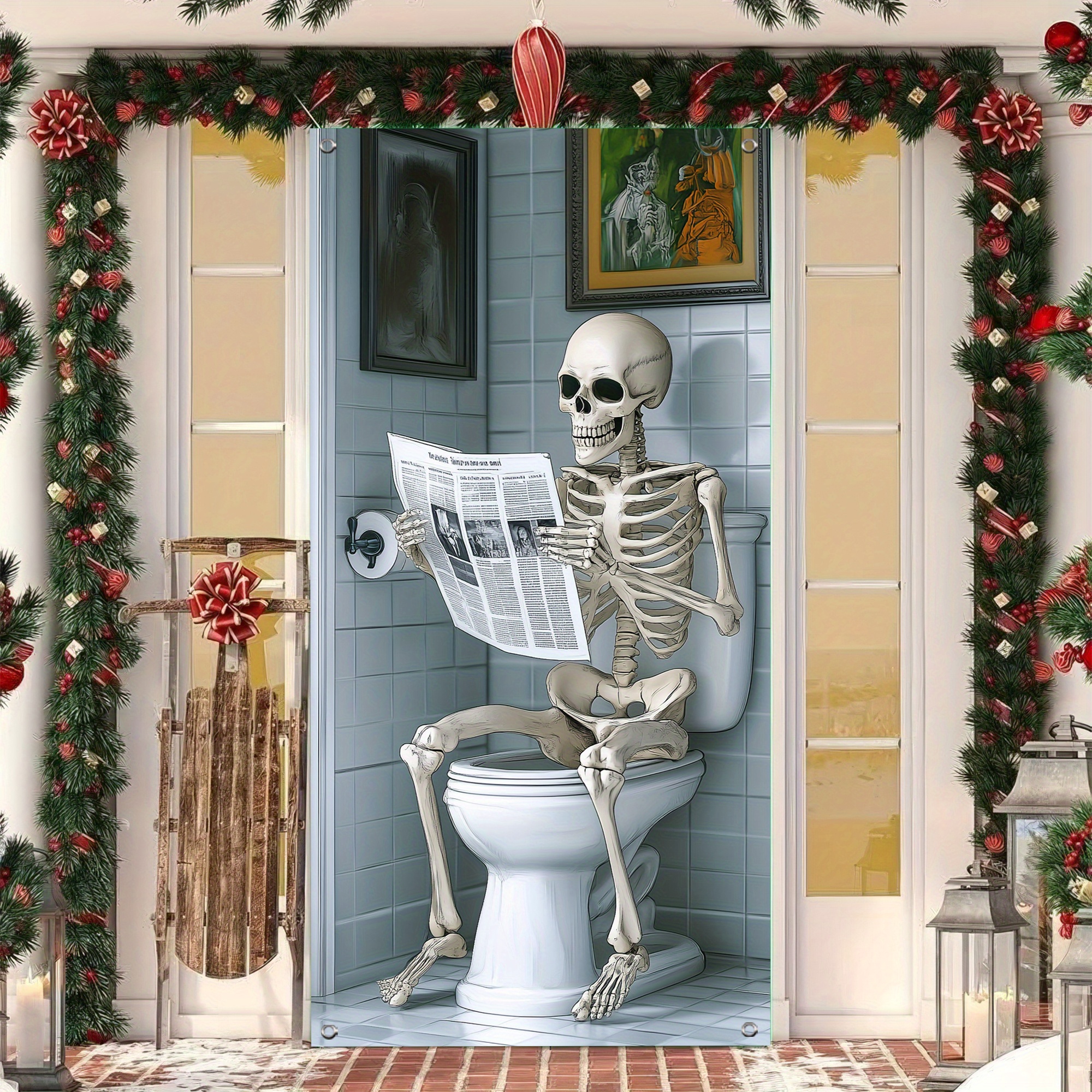 

1pc Polyester Door Cover Banner, 35.4in X 70.8in, Skeleton Reading Newspaper Design, No Electricity Required, Seasonal Front Door Decor For Family Gatherings And Spooky Themed Parties