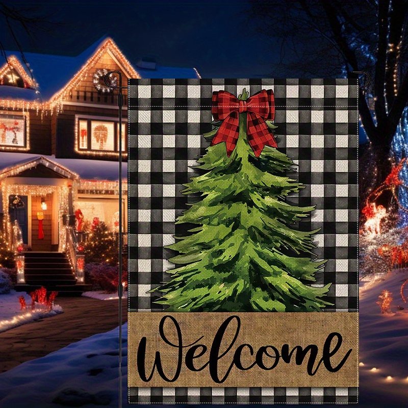 

Christmas Welcome Garden Flag - Polyester Multipurpose Outdoor Flags, Double-sided Black White Buffalo Plaid Tree Design, Weather-resistant Home & Yard Decor - No Pole, 12x18 Inch, 1pc