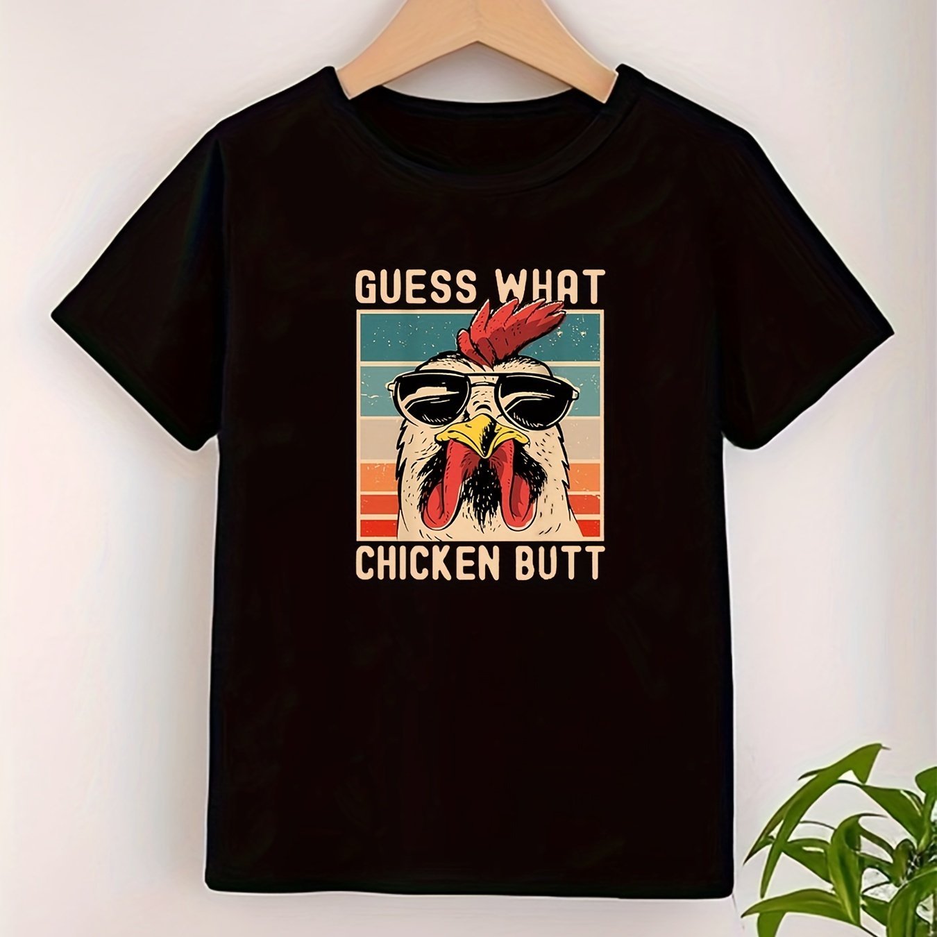 

Guess What Chicken Butt & Cartoon Chicken With Sunglasses Graphic Print Tee, Boys Breathable & Comfy Cotton T-shirt For Spring & Summer, Boys Clothes For Outdoor Activities, As Gifts