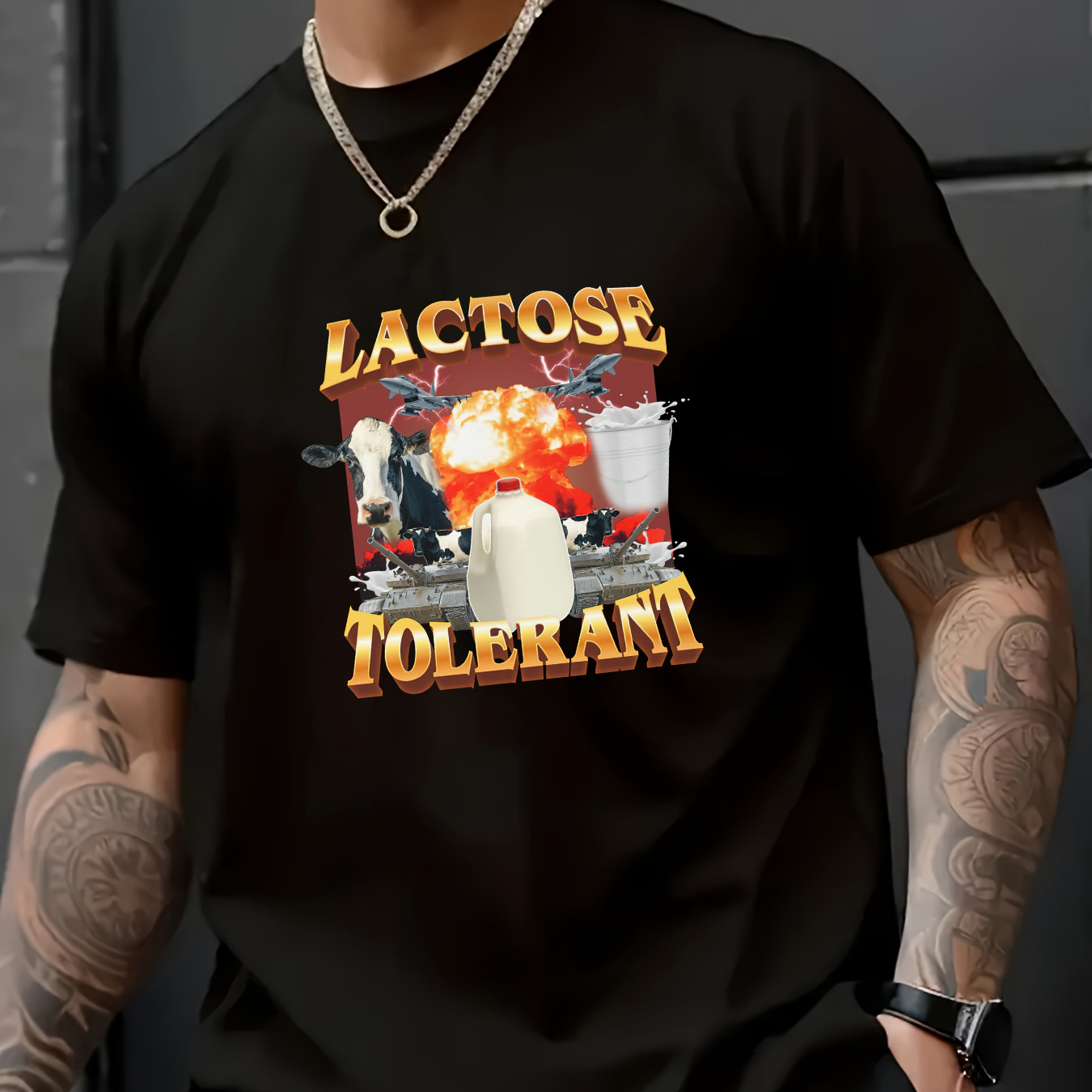 

Lactose Graphic T-shirt For Men - 100% Cotton Knit Fabric, Casual Novelty Crew Neck Top With Slight Stretch For Sports And Weekend Wear - Fits Spring/summer/fall