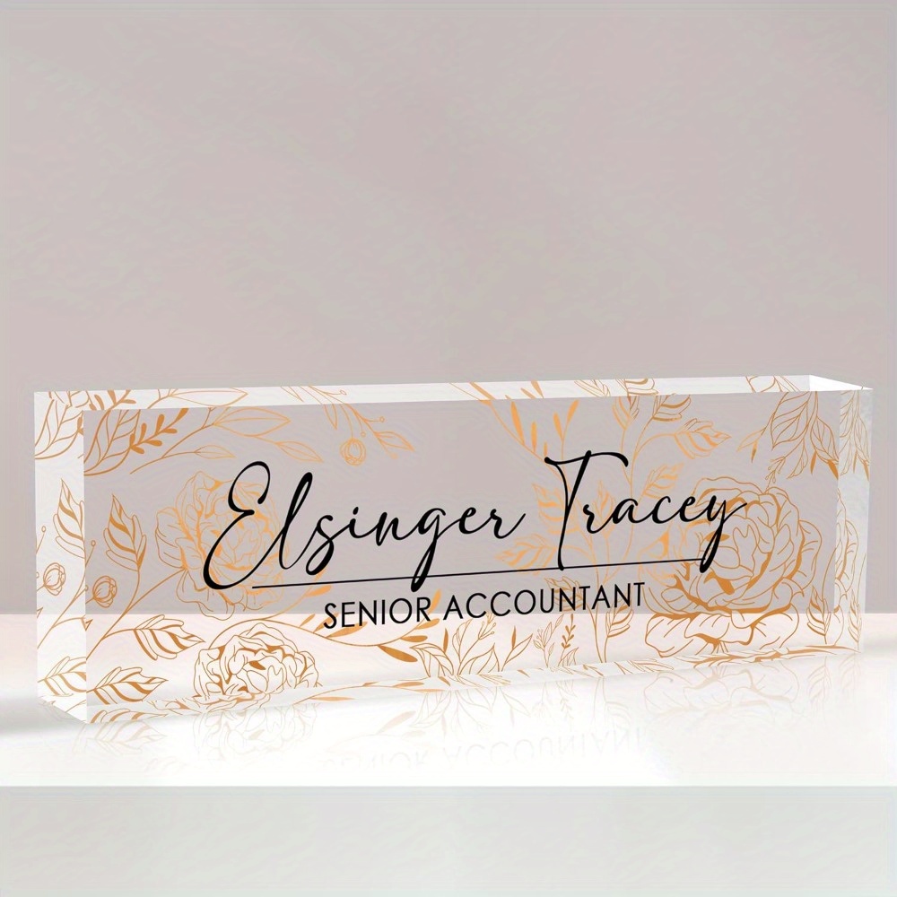 

Personalized Desk Name Plate, 1pc Custom Acrylic Name Plate With Golden Floral Pattern, Engraved Office Desk Sign For Coworkers, Boss, Employees, Teachers - Uncharged, Clear Acrylic Frame Material