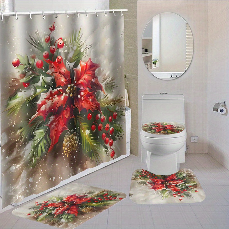 

1pc/4pcs Christmas Bathroom Shower Curtain Set 12 Bath Mats And Rugs Carpet Polyester Curtain For Bathroom Accessories