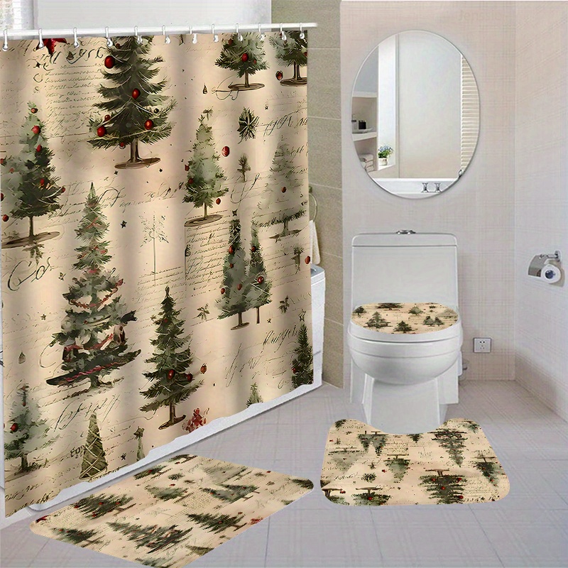 

1/4pcs Christmas Tree Pattern Shower Curtain Set With 12 Hooks, Bath Rugs, Non-slip Carpet, Toilet Cover Mat, Polyester Waterproof Curtain, Bathroom Accessories