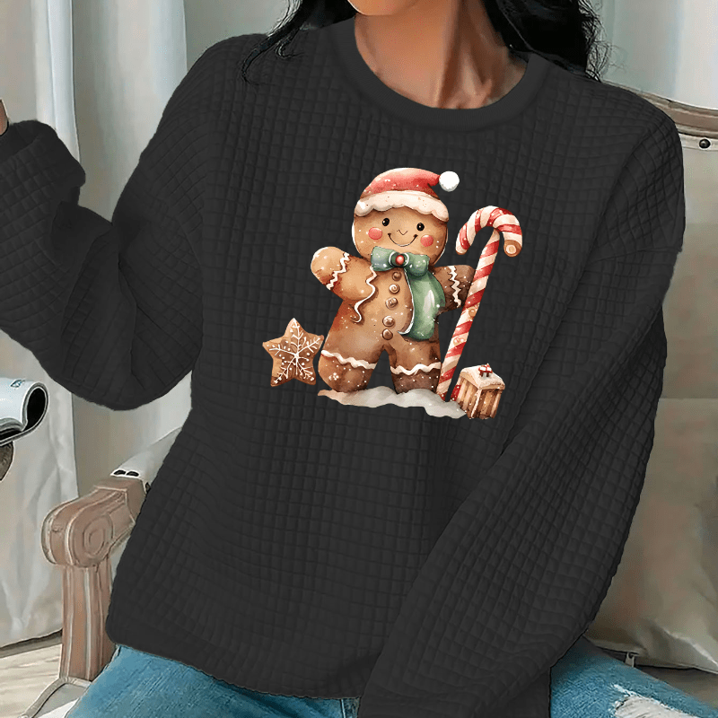 

Cozy Plus Size Women's Christmas Sweatshirt With Gingerbread For Man & Candy Cane Print - Casual Waffle Knit, Round Neck, No Hood, Stick, Autumn Winter