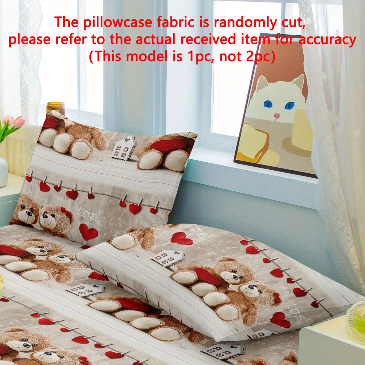 

1pc Simple Modern Cute Bear Couple Pattern Printed Fleece Pillowcase, Bedroom Use Pocket Sealed Soft Pillowcase, Bedding