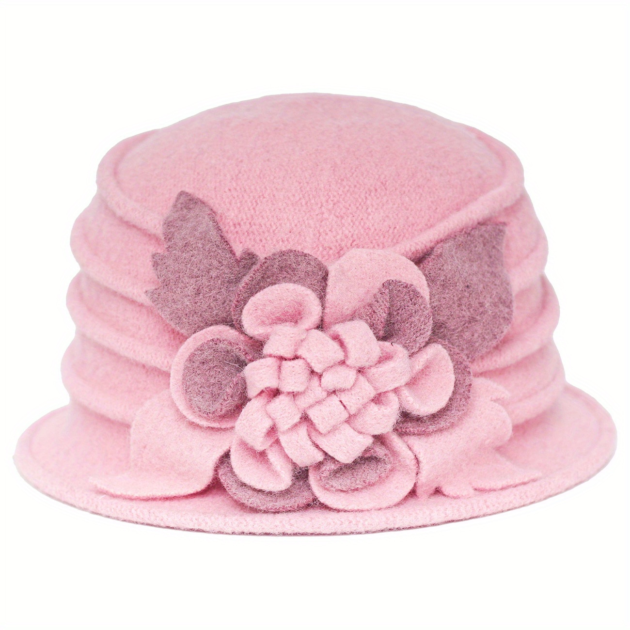 Women Vintage 100% Wool Felt Flowers Bucket Cloche Bowler Hat Pink Womens Wool Felt Bucket Caps Elegant Vintage Flower Cloche  main image 4