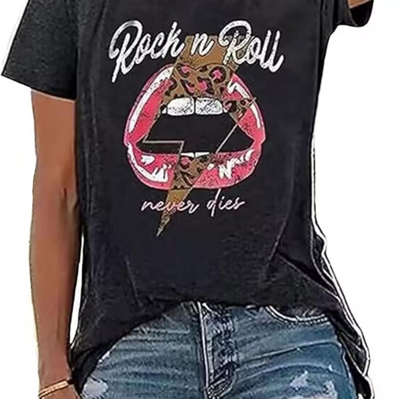 

Women' Rock & Roll Graphic Tee - Cream, Short Sleeve, Round Neck With Print Lip Design, Casual Concert Shirt,